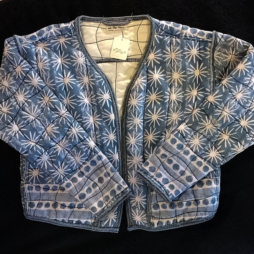 Free People Cropped  Blue/Light Cream Quilted Print Jacket